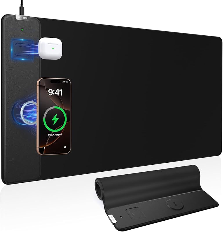 Large Gaming Desk Mat with Integrated Magnetic Wireless Charger and Ul