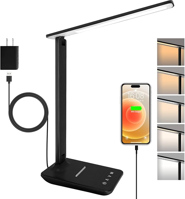 Shinelife LED Desk Lamp with USB Charging, Adjustable Dimmable Light f