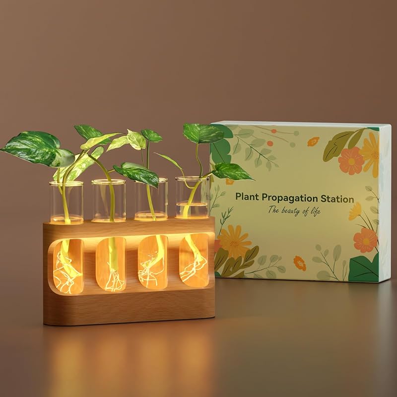 Plant Propagation Station with Wooden Stand and LED Light for Indoor D