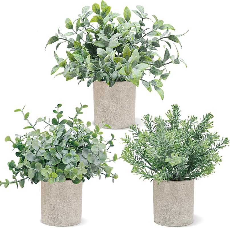 USLAI 3 Pack Fake Plants, 8-Inch Small Potted Eucalyptus Artificial Pl