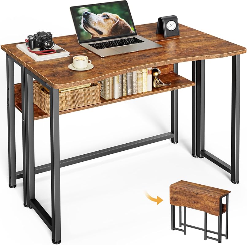Huuger 31.5-Inch Folding Desk with Storage Shelf, Rustic Brown for Sma