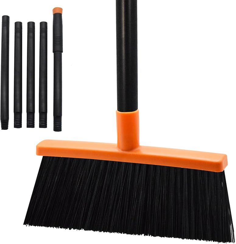Small stiff bristle broom with long handle, compact indoor outdoor bro