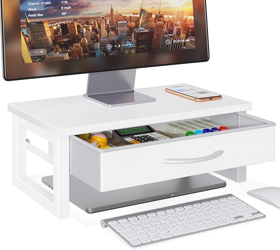 White wood computer monitor stand riser with drawer laptop stand for d