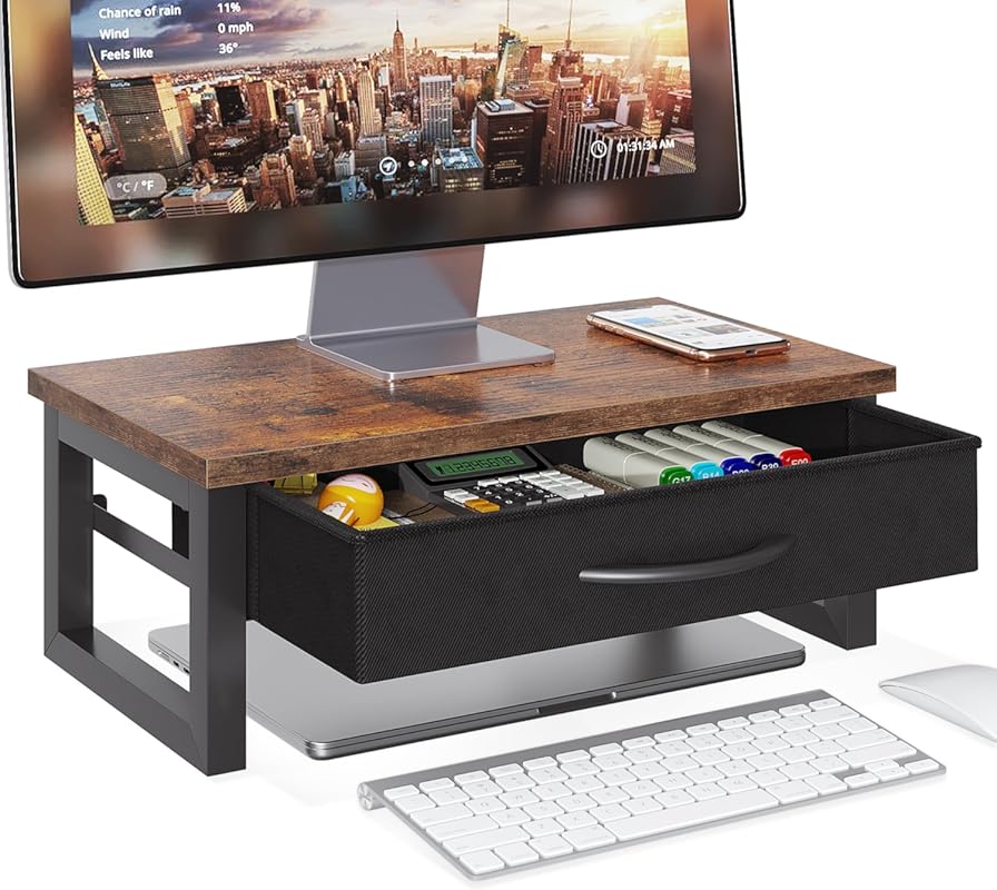 Two-tier wooden computer monitor stand riser with storage drawer, lapt