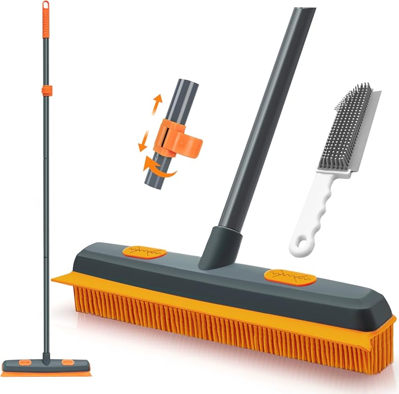 Pet hair removal rubber broom carpet rake with silicone squeegee and 5