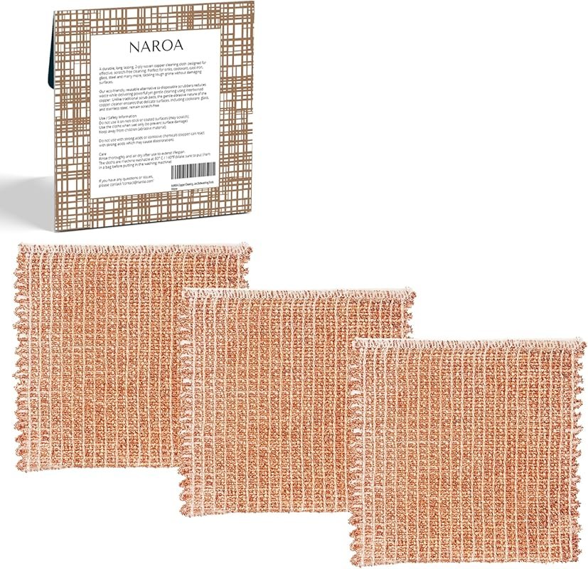 Naroa Copper Scrubbing Pads 3 Pack | 2-Ply Non-Abrasive Metal Mesh Scr