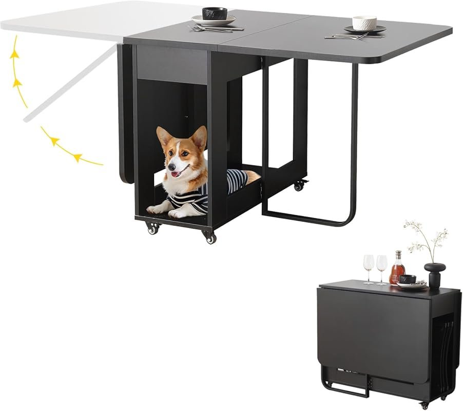 Space-Saving Folding Dining Table with Two Drawers and Lockable Wheels