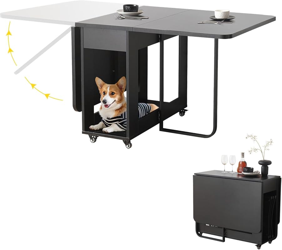 Folding Dining Room Table with Drop Leaf, Lockable Wheels, and Storage