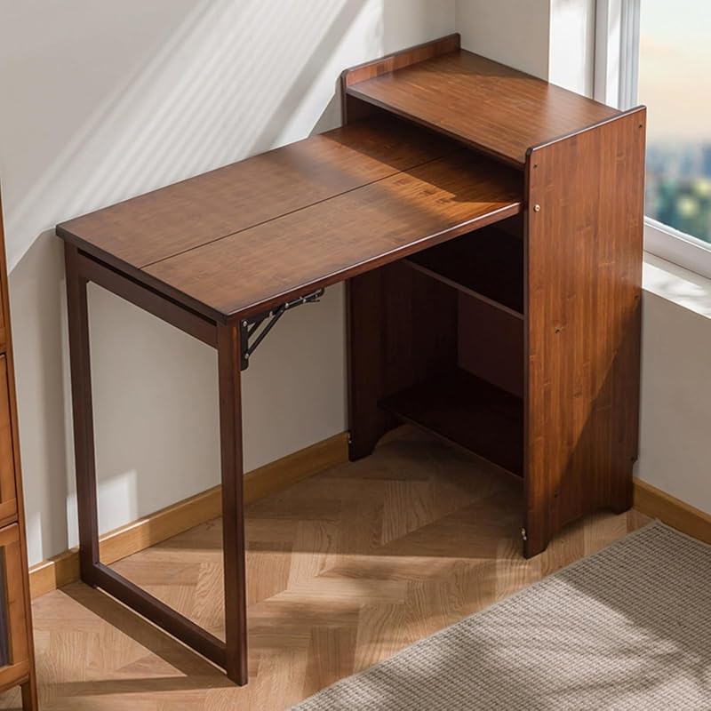 Bamboo Folding Desk with Bookshelf - Compact Convertible Writing Table