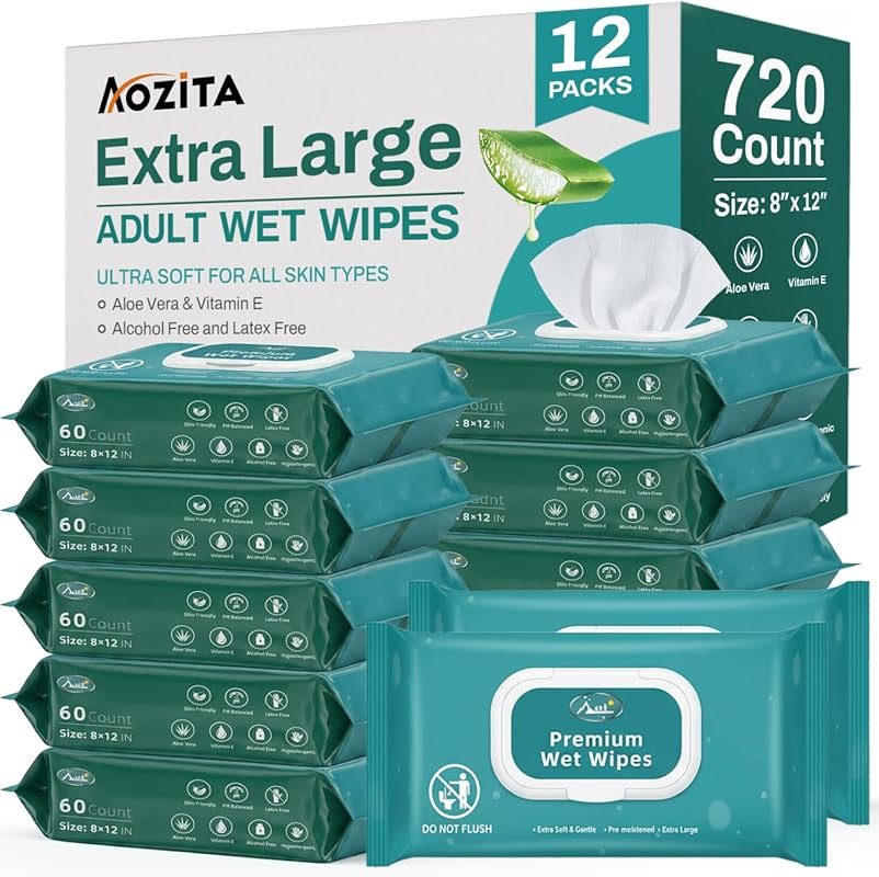 Extra Large Adult Wet Wipes with Vitamin E and Aloe, Best No-Rinse Bod