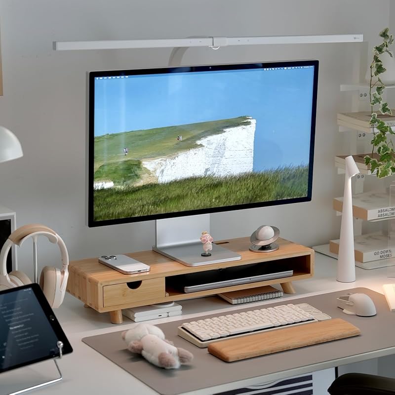 Bamboo monitor stand riser with drawer cable management and storage or