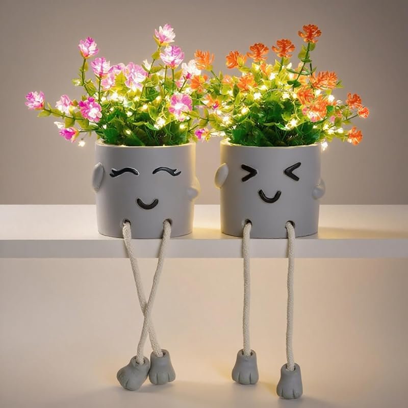 Cute Fake Plants with Flower Pots and String Lights for Desk and Offic