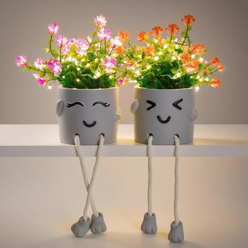 Cute Fake Plants, Flower Pots with String Lights, Fake Plants Artificial for Desk Décor