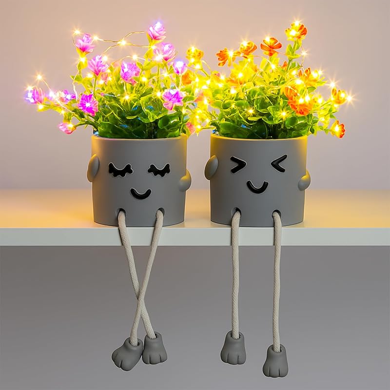 Cute Fake Plants, Flower Pots with String Lights, Fake Plants Artifici