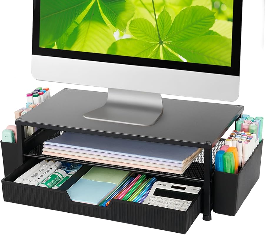 Two-tier computer monitor stand with storage drawer and two pen holder