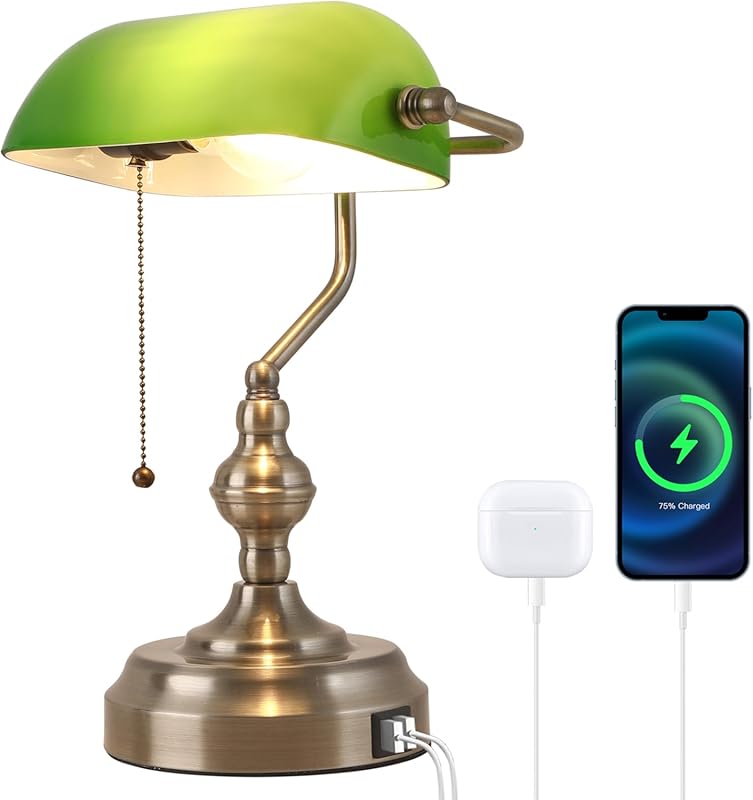 Green Glass Banker's Desk Lamp with USB Charging Port, Vintage Style f