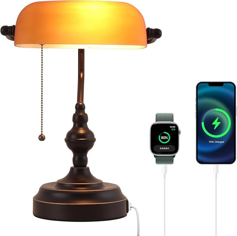 Bankers Desk Lamp with Pull Chain Switch and USB Charging Ports for Of