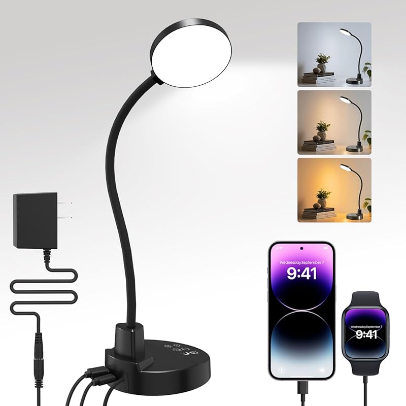 15W LED Desk Lamp with USB Charging Ports and Dimmable Gooseneck Light