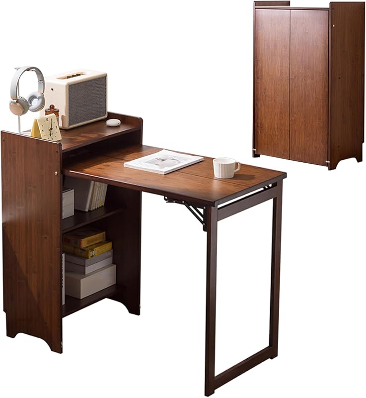 Bamboo Folding Desk with Storage Shelves, Space-Saving Modern Bookcase