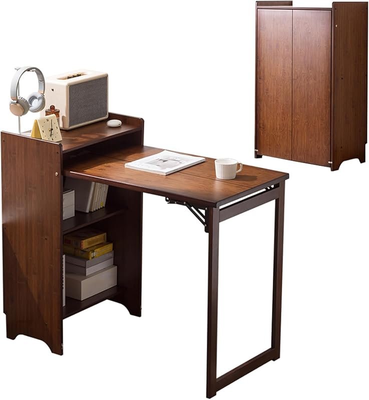 Bamboo Folding Desk with Storage Shelves, Space Saving Desk for Home O