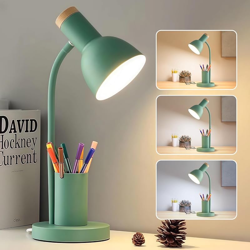 LED Green Desk Lamp with Pen Holder and 3 Color Modes for Home Office