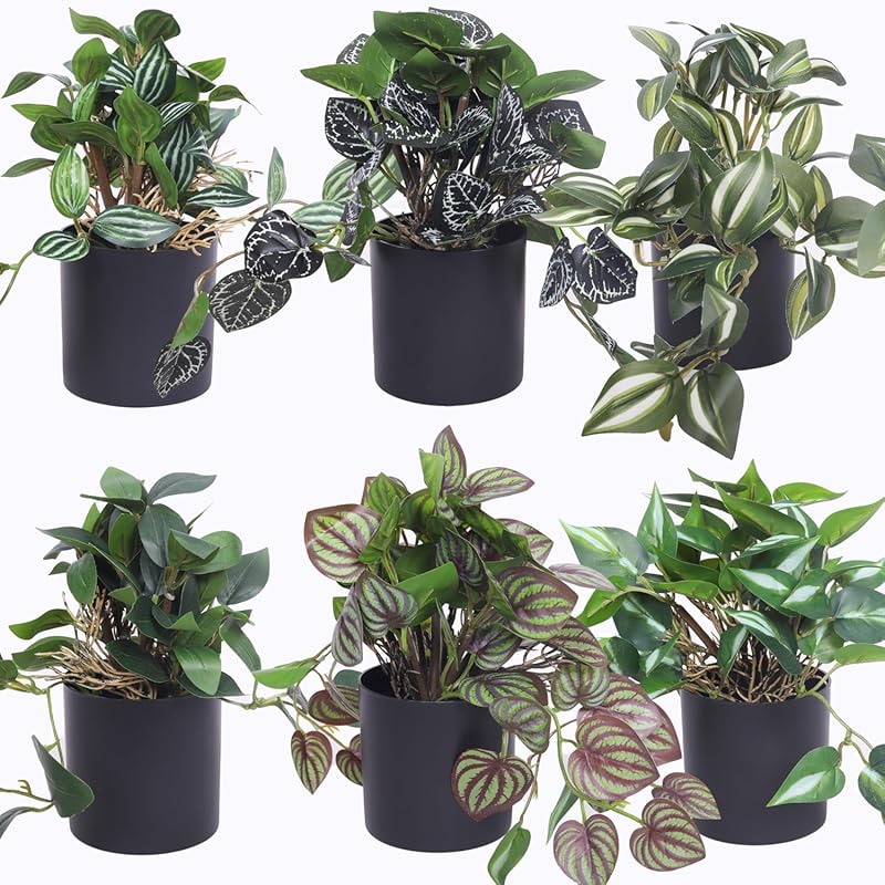 6 Pack Artificial Potted Plants - Fake Trailing Greenery with Unique V