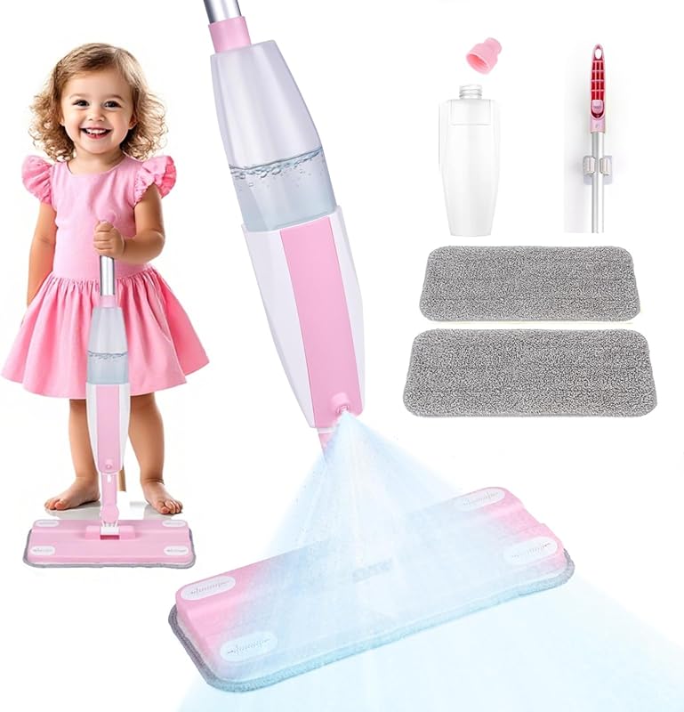 Kids Spray Mop Cleaning Set with Washable Microfiber Pads and Spray Bo