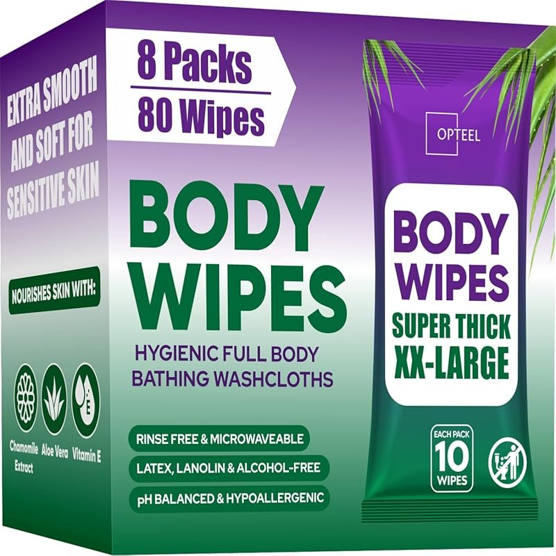 Thick and Large No-Rinse Body Wipes for Adult Bathing, Soft Travel Sho