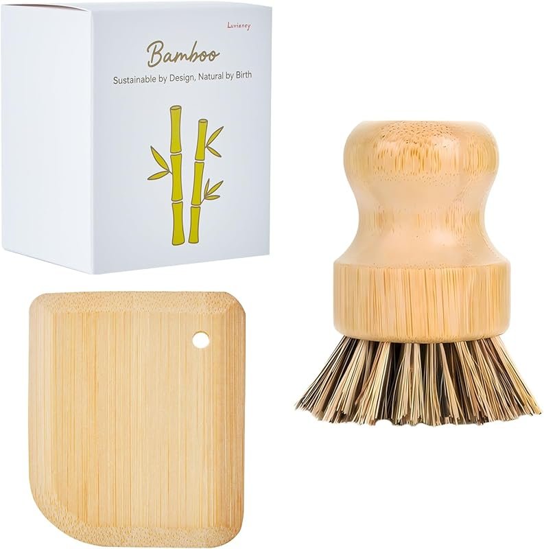 Bamboo Cast Iron Scrub Brush with Pot Scraper for Skillets, Pans, and 