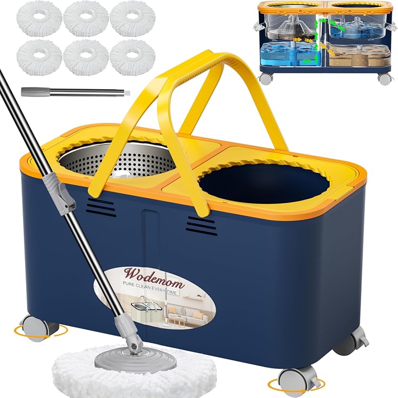 Compact spin mop with separate clean and dirty water system, 360 swive