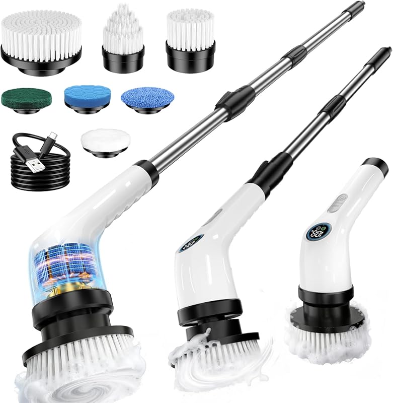 Waterproof Electric Spin Scrubber with 7 Brush Heads, 2 Speeds, and Ad