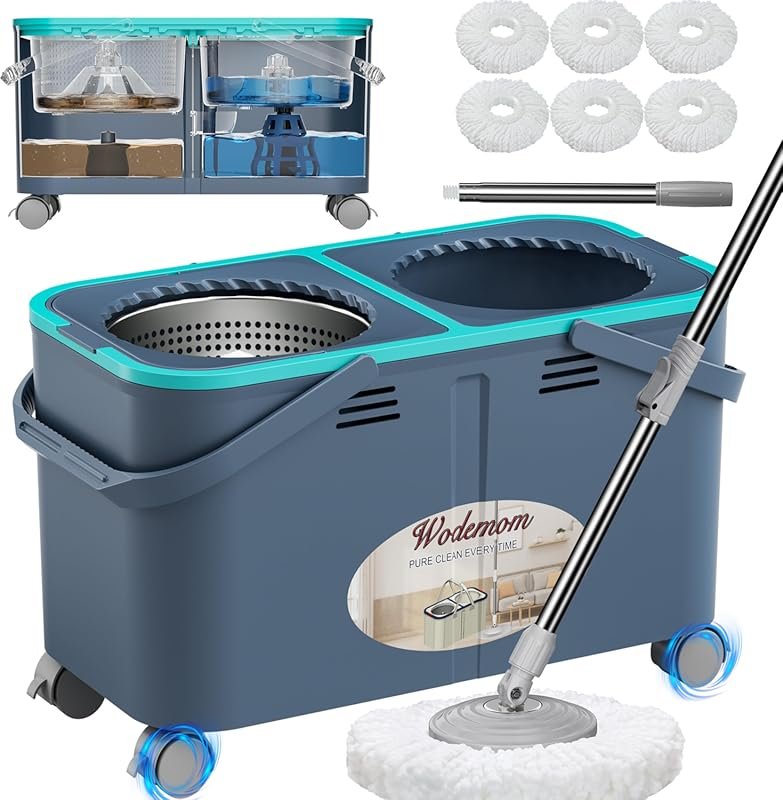 Gen 2 spin mop with four swivel wheels, dual-chamber water, six washab