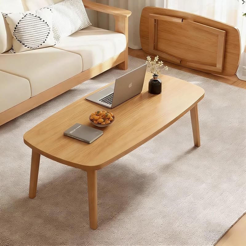 Minimalist Solid Wood Coffee Table with Foldable Legs, Natural Finish,