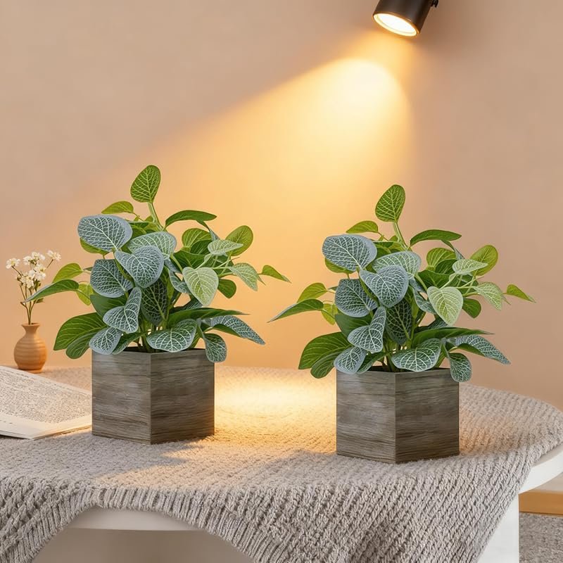 2 Pack Medium Fake Plants with Wooden Planters for Indoor and Desktop