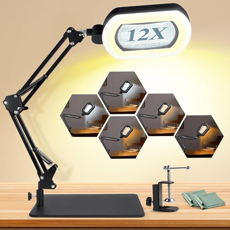 12X Square Magnifying Glass Desk Lamp with Light, 144 LEDs and 5 Color