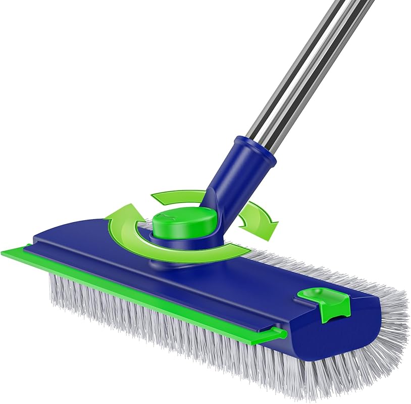 Floor Scrub Brush with Long Handle, 3-in-1 Heavy-Duty Scrubber with Sq
