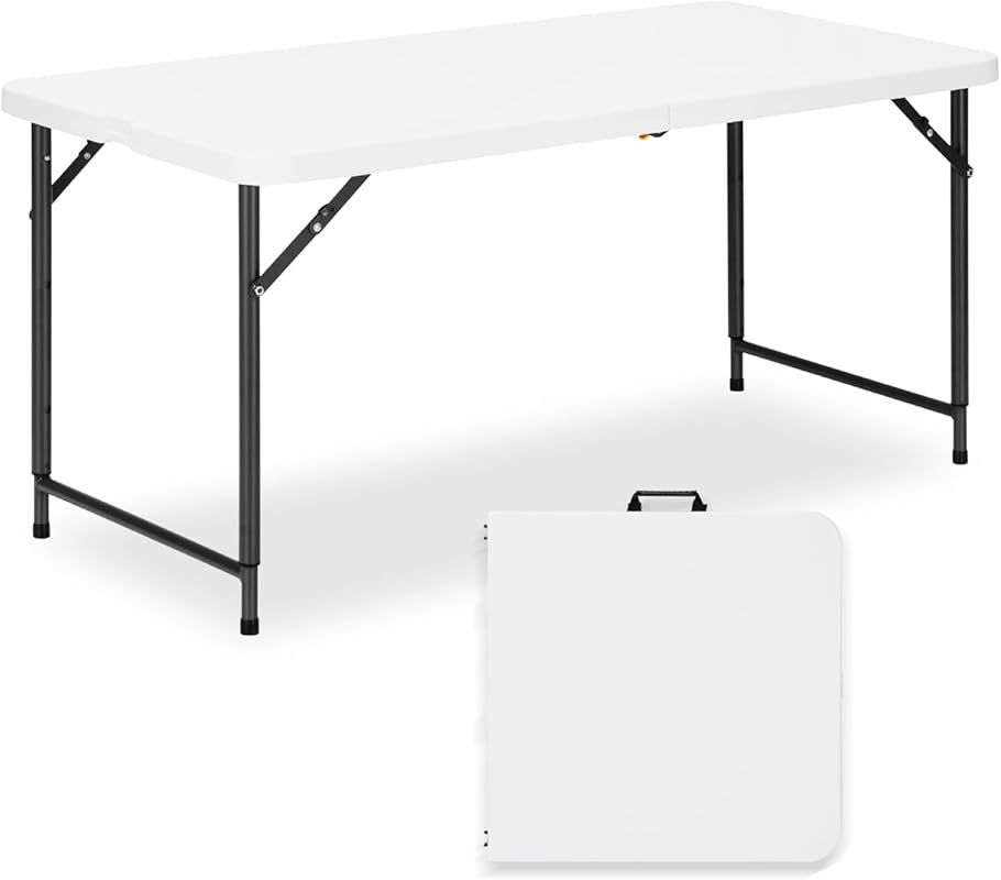 4ft Folding Table with Adjustable Height, 3-Level Foldable Table with