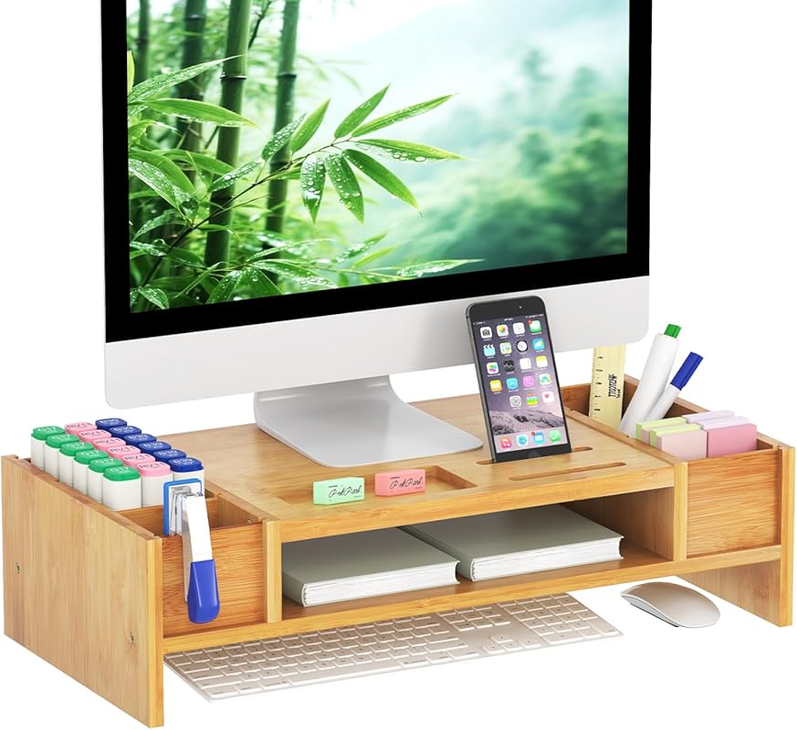 Ufine bamboo monitor stand with storage compartments ergonomic laptop 