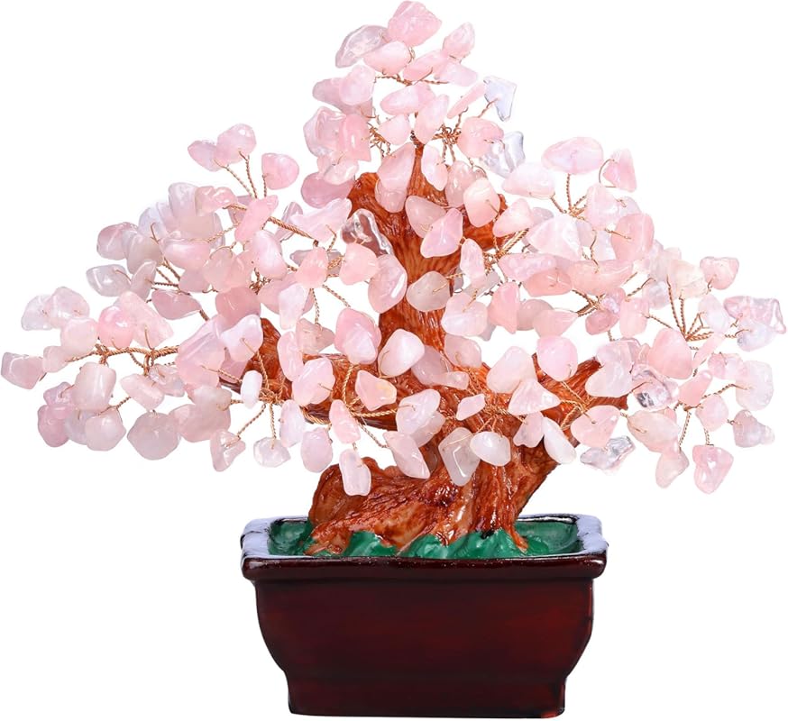 Feng Shui Natural Rose Pink Quartz Crystal Money Tree Bonsai Style Decoration for Wealth and Luck