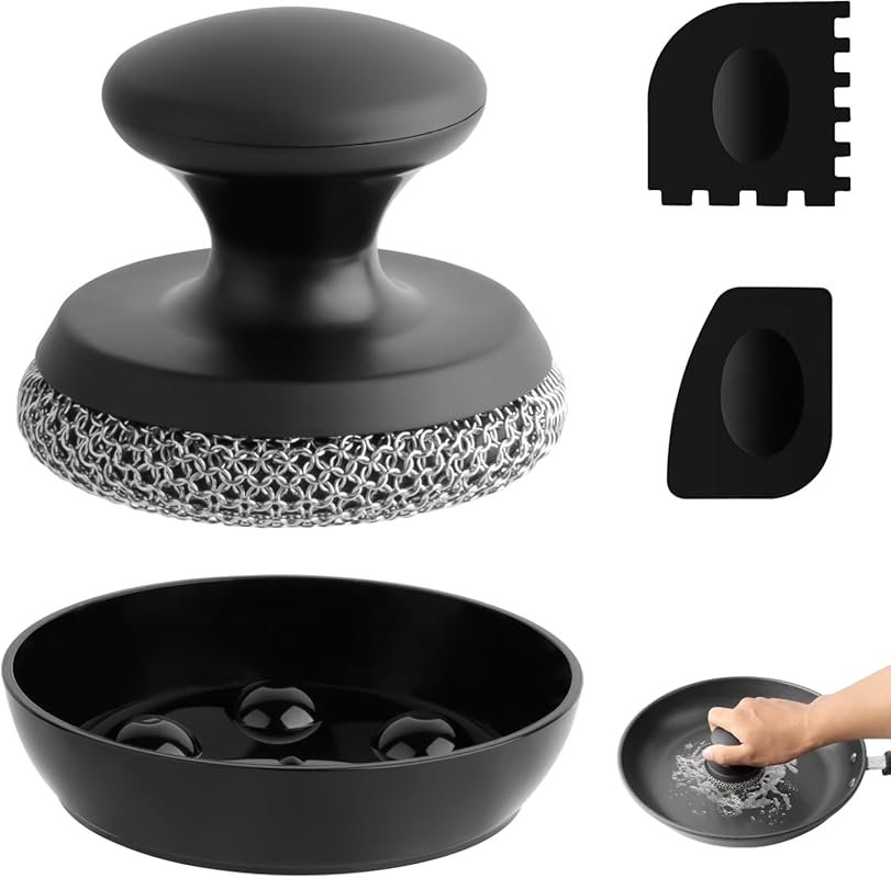 316 Stainless Steel Chainmail Cast Iron Scrubber with Scraper for Skil