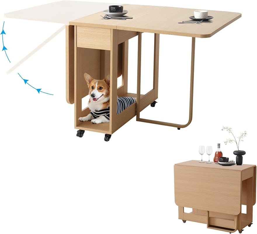 Extra Wide Folding Dining Table with Lockable Wheels and Storage, Seats 4-6