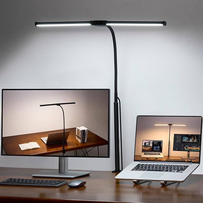 LED Desk Lamp for Home Office, Double Head Clip Light with Adjustable Goose-Neck