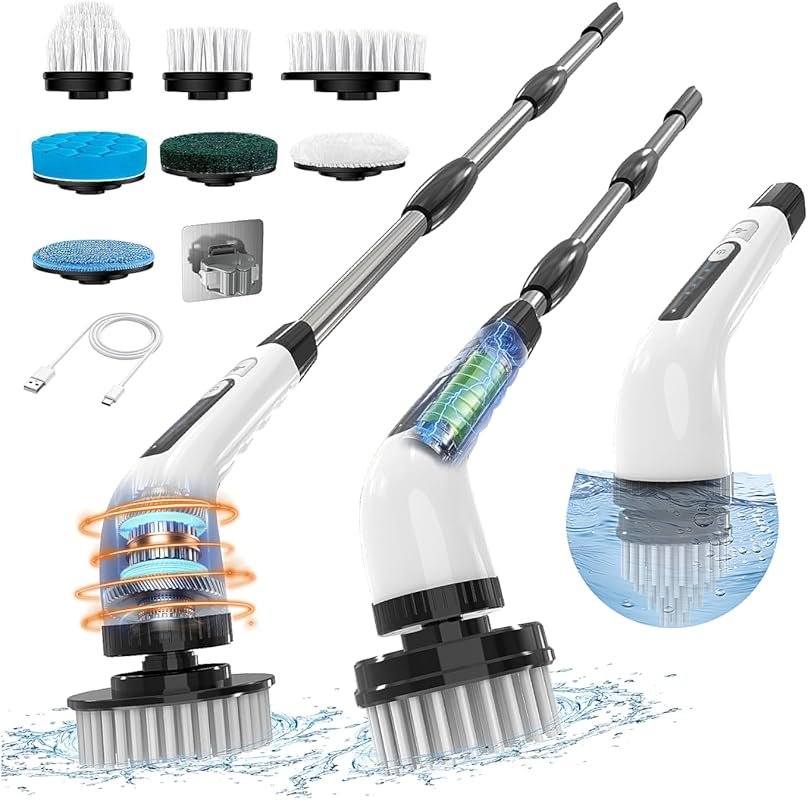 Top Rated Cordless Electric Spin Scrubber with Extension Handle, 7 Bru