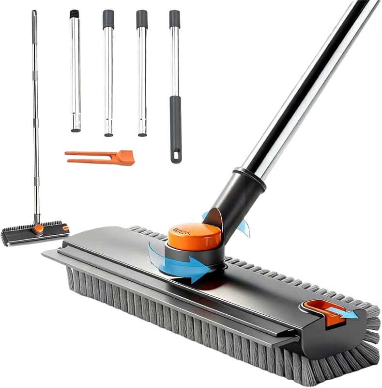 3-in-1 Floor Scrub Brush with Squeegee and Long Handle for Concrete an