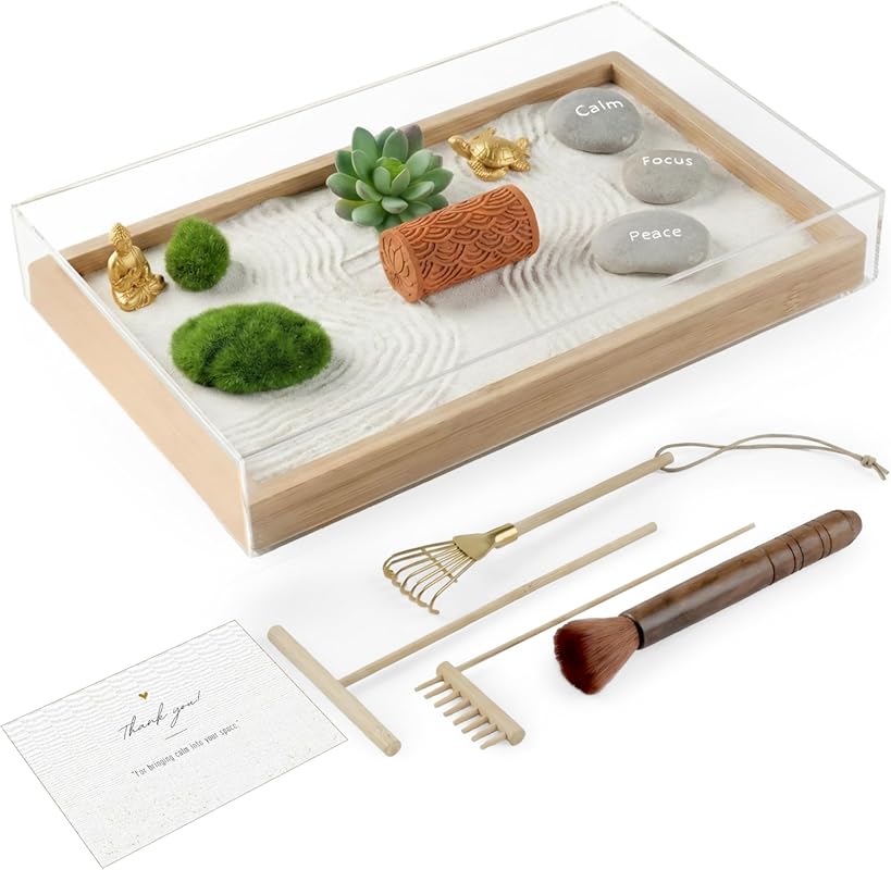 Mini Zen Garden Kit with Bamboo Tray and Accessories for Home and Offi