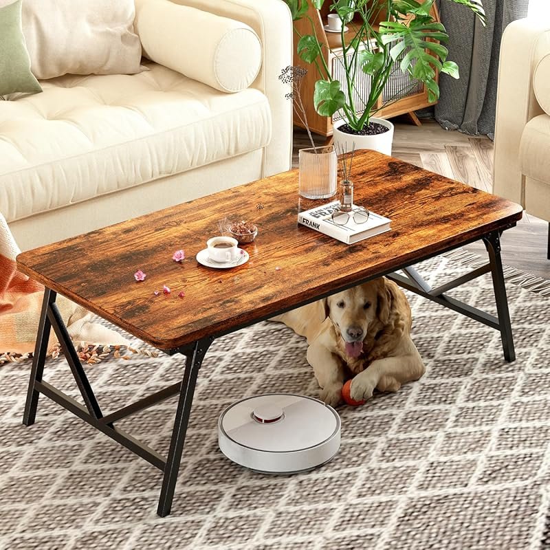 Sturdy Folding Coffee Table with Leg Latches, No Assembly, Rustic Brow