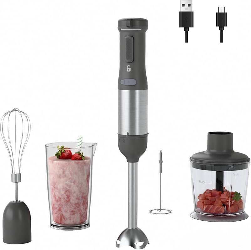 Cordless 5-in-1 Immersion Blender with Variable Speed, Includes Beaker, Chopper, Whisk, and Frother