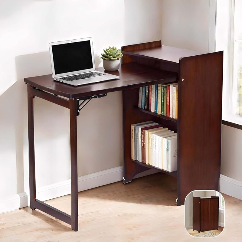 Bamboo Folding Desk with Storage - Mid Century Space Saving Computer D