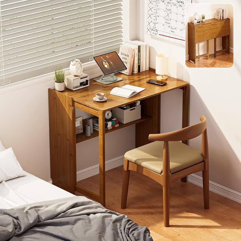 Bamboo Foldable Desk, Folding Desks for Small Spaces, Mid Century Smal