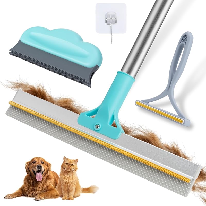 Carpet rake broom for pet hair removal with adjustable handle and brus